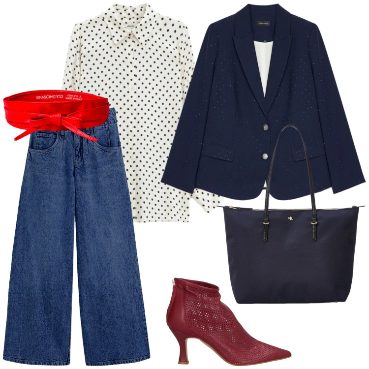 Outfit donna - Chic. per Ufficio. Abbinamento con stivaletti, jeans, blazer, camicie, cinture, borse tote.