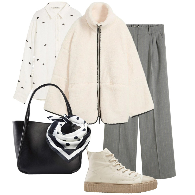 Outfit donna - Giornate fresche di primavera. Stile Casual chic per Tutti i giorni. Abbinamento con blazer, foulard, pantaloni a palazzo, camicie, sneakers alte, shopping bag.