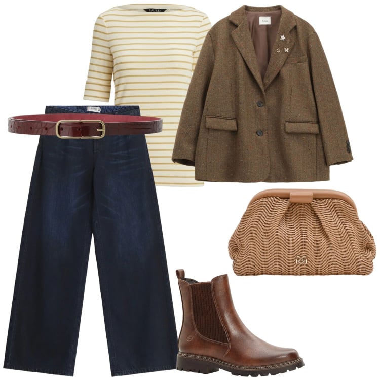 Outfit donna - Urban. per Tutti i giorni. Abbinamento con stivaletti, jeans, pochette, t-shirt, blazer, cinture.