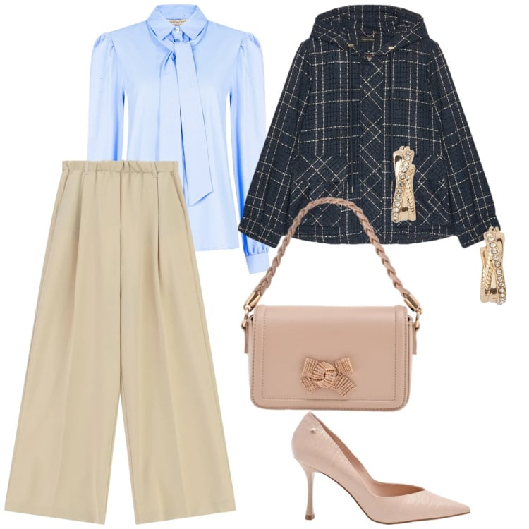 Outfit donna - Urban chic. per Ufficio. Abbinamento con blazer, pochette, décolleté, camicie, pantaloni a palazzo, orecchini.