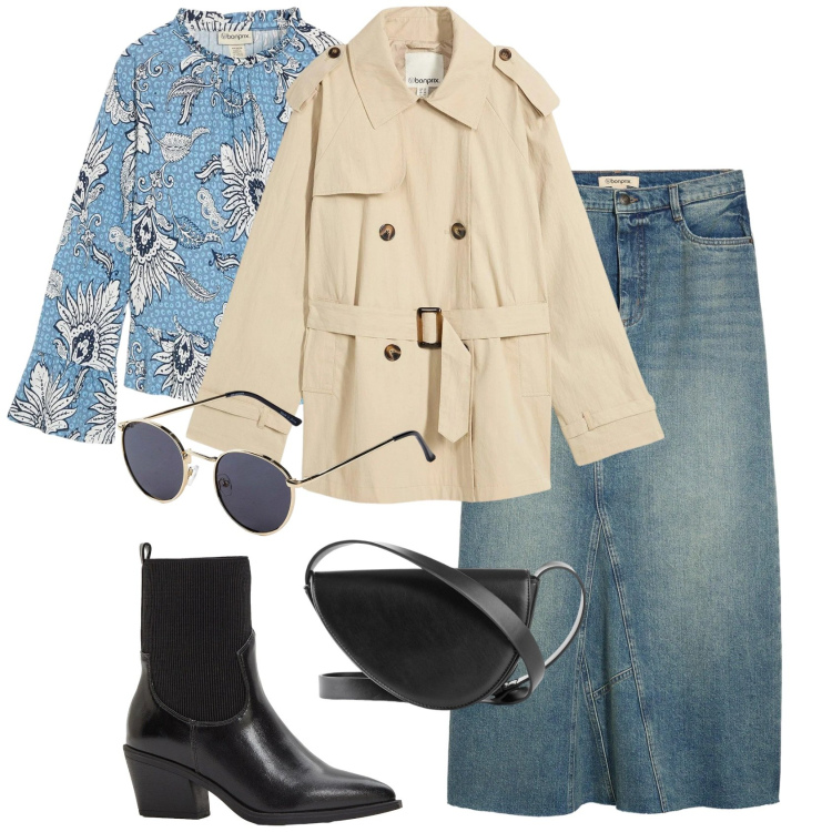 Outfit donna - Bonprix aspettando la primavera. Stile Glamour per Tutti i giorni. Abbinamento con gonne, bluse, trench, occhiali da sole, borse a tracolla, stivaletti texani.