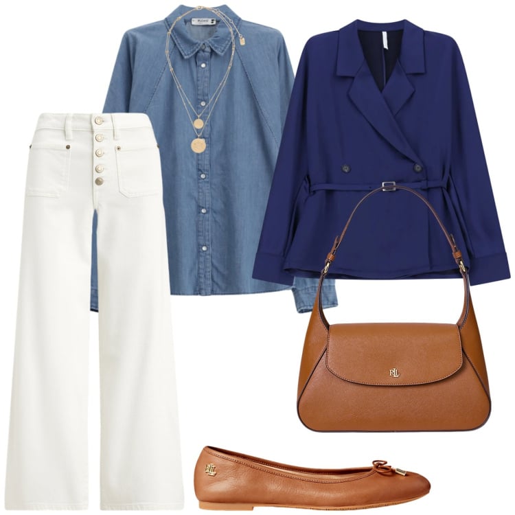 Outfit donna - Primavera anticipata. per Tutti i giorni. Abbinamento con camicie, blazer, ciondoli, borse a spalla, ballerine, jeans.