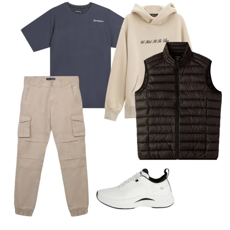 Outfit uomo - Sport schic. per Sport. Abbinamento con pantaloni cargo, piumini, felpe con cappuccio, sneakers, t-shirt sportive.
