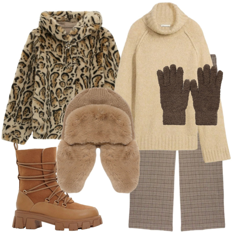 Outfit donna - Gita in montagna. Stile Casual per Tutti i giorni. Abbinamento con stivaletti, maglieria, guanti, berretti, ecopellicce, pantaloni.