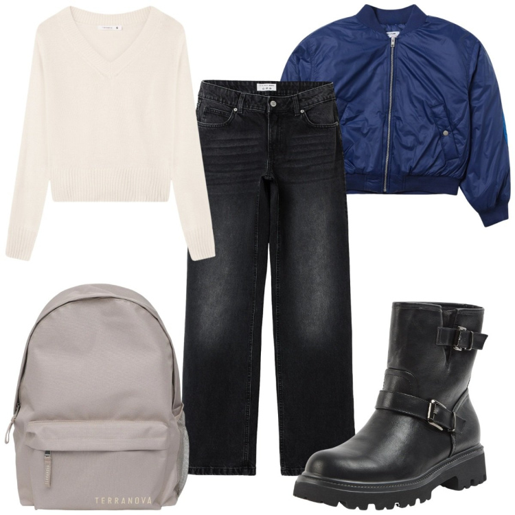 Outfit donna - Terranova: il bomber blu. Stile Basic per Tutti i giorni. Abbinamento con maglieria, stivaletti, zaini, jeans, bomber.