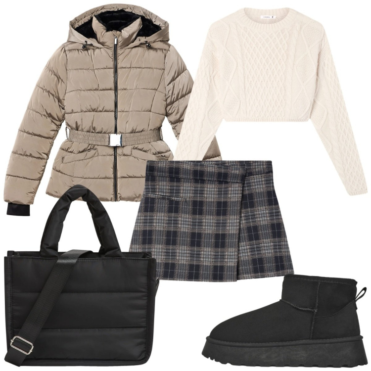 Outfit donna - Terranova: preppy. Stile Preppy per Tutti i giorni. Abbinamento con piumini, maglieria, shopping bag, minigonne, stivaletti.