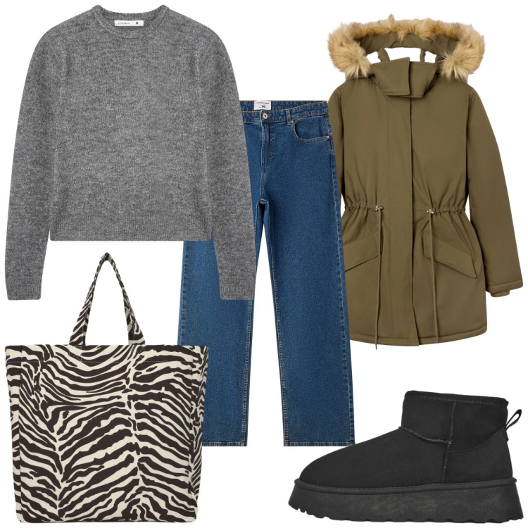 Outfit donna - Terranova: il parka. Stile Casual per Tutti i giorni. Abbinamento con jeans dritti, stivaletti, maglieria, parka, shopping bag.