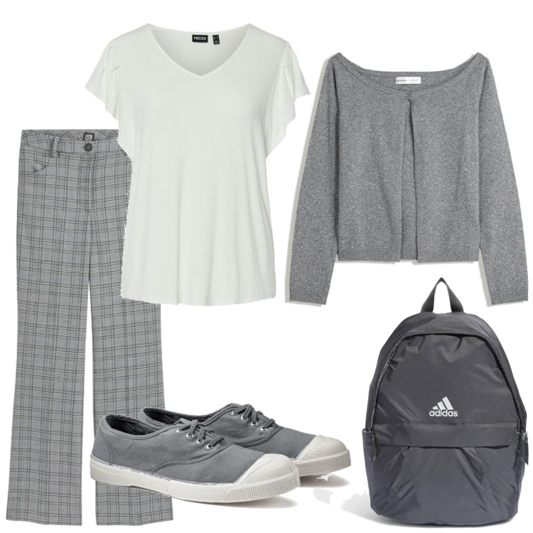 Outfit mujer - Casual look. Estilo Casual para Todos los días. Combinación con camiseta, mochilas, blazers, pantalones, sneakers.