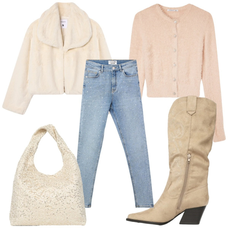 Outfit donna - Terranova: in beige. Stile Casual chic per Tutti i giorni. Abbinamento con cardigans, ecopellicce, stivali, borse a spalla, jeans skinny.