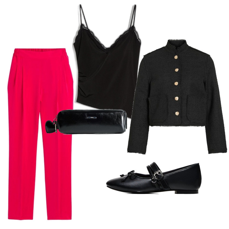 Outfit mujer - Chic outfit. Estilo Chic para Todos los días. Combinación con top, pantalones, bailarinas, maletas, blazers.