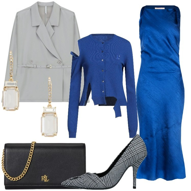 Outfit donna - Un tocco di luce d’inverno Curvy. Stile Trendy per Serata fuori. Abbinamento con cardigans, décolleté, blazer, vestiti lunghi, borse a tracolla, orecchini.