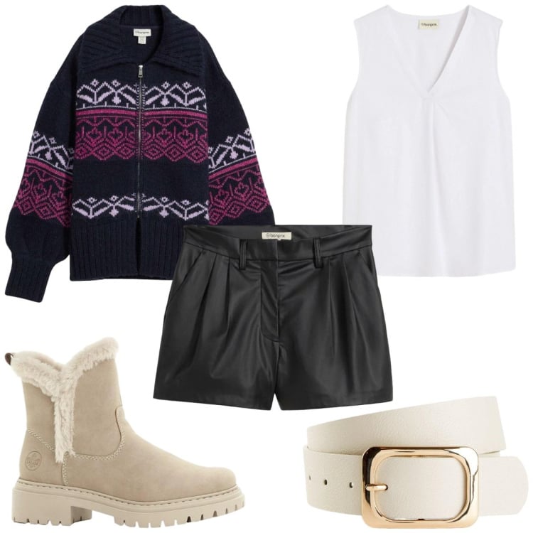 Outfit donna - Bonprix: primavera trendy. Stile Trendy per Tutti i giorni. Abbinamento con cinture, top, cardigans, stivaletti, shorts.