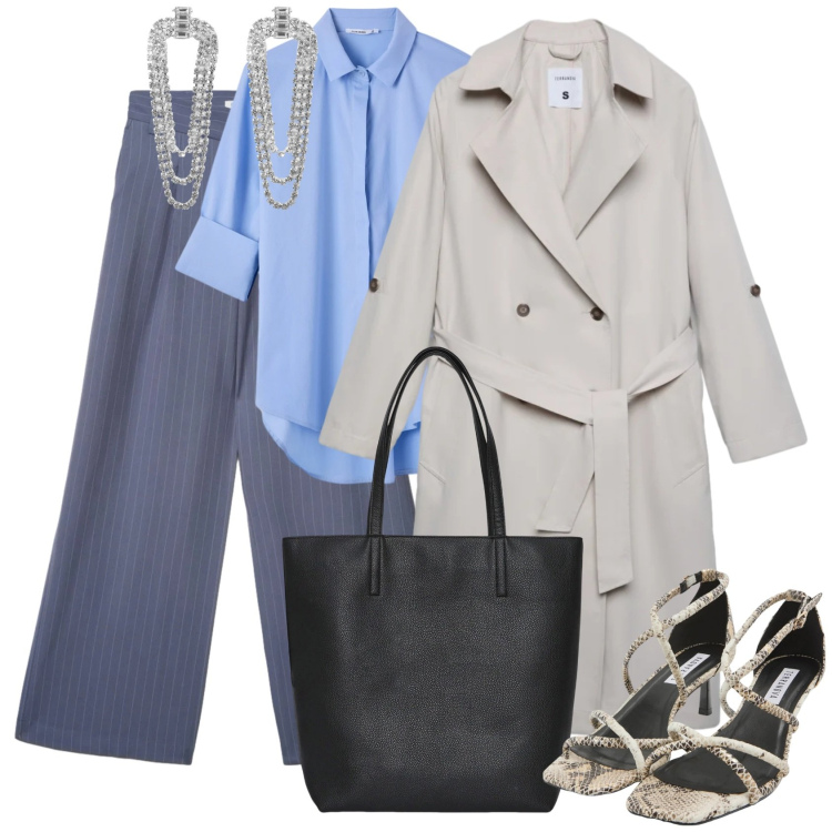 Outfit donna - Terranova spring time. Stile Chic per Tutti i giorni. Abbinamento con camicie, pantaloni, trench, borse tote, orecchini, sandali col tacco.