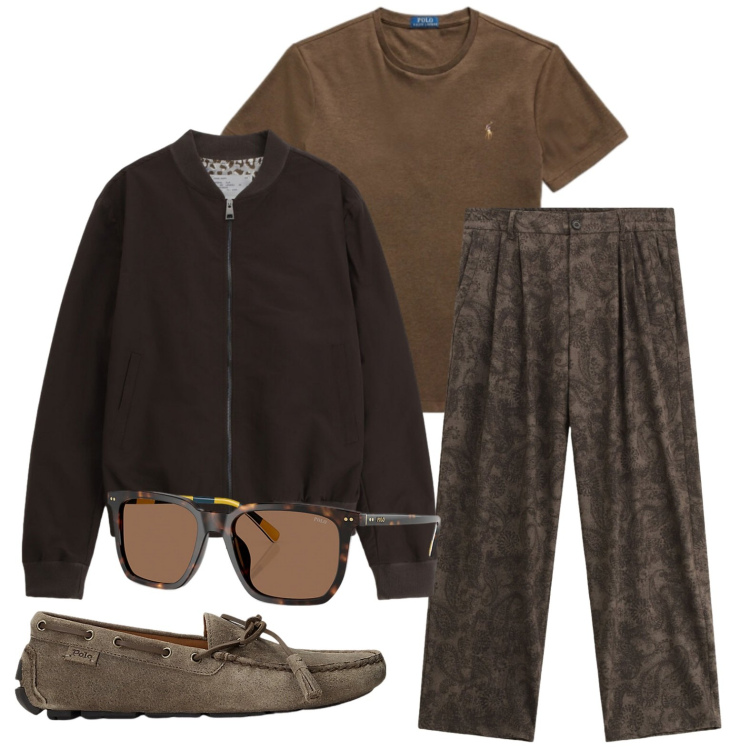 Outfit uomo - Total look #2341688. Stile Trendy per Tutti i giorni. Abbinamento con pantaloni, bomber, scarpe stringate, occhiali da sole, t-shirt.