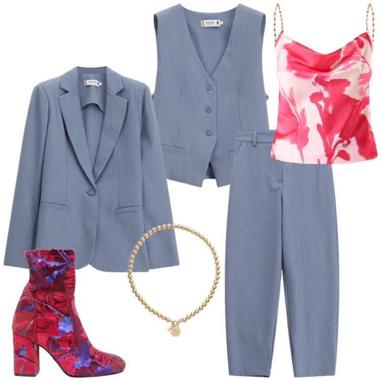 Outfit donna - Total look #2341689. Stile Glamour per Cerimonia. Abbinamento con stivaletti, pantaloni, blazer, gilet, canottiere, collane.