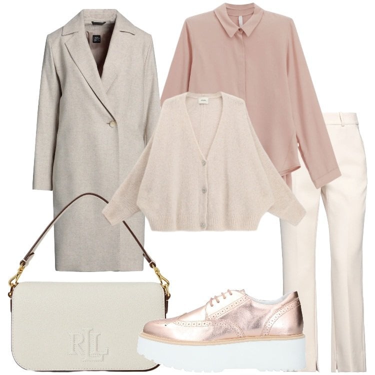 Outfit donna - Febbraio in tonalità soft Curvy Style. Stile Bon Ton per Ufficio. Abbinamento con scarpe stringate, pantaloni, cappotti, camicie, cardigans, borse a spalla.