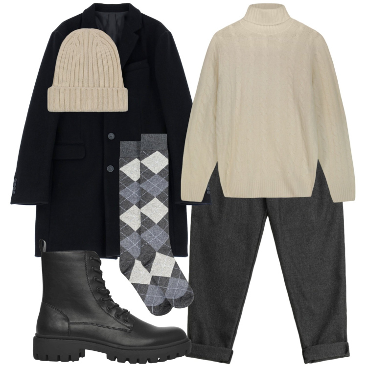 Outfit uomo - Anfibio e calzini a rombi. Stile Urban per Tutti i giorni. Abbinamento con pantaloni, cappotti, anfibi, berretti, maglieria, calzini.