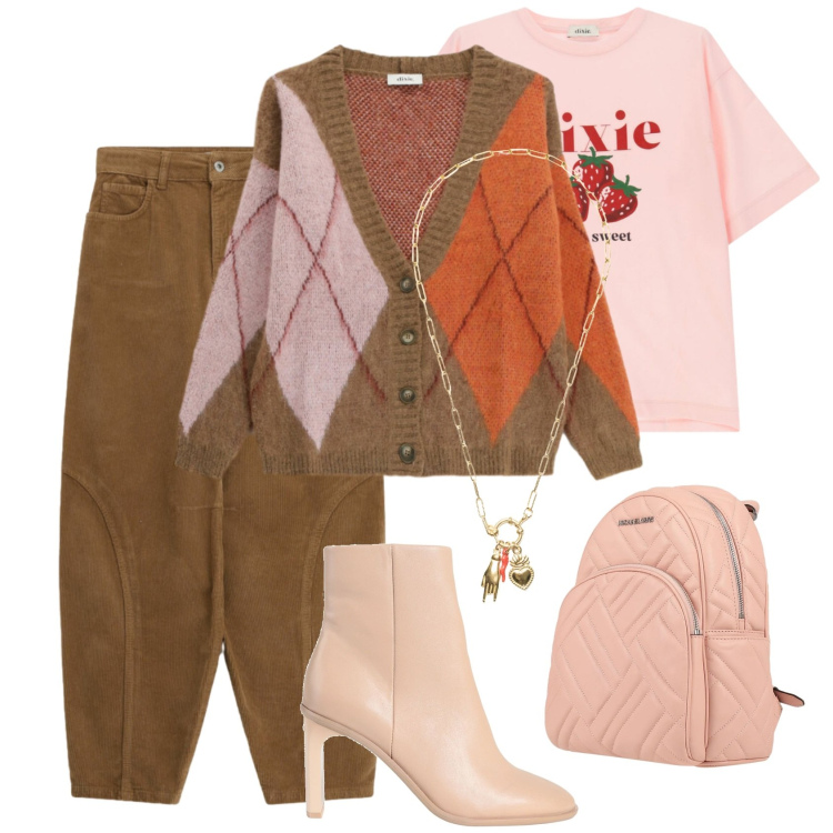 Outfit donna - Accessori rosa cipria. Stile Romantica per Tutti i giorni. Abbinamento con stivaletti, zaini, pantaloni a palazzo, cardigans, t-shirt, ciondoli.