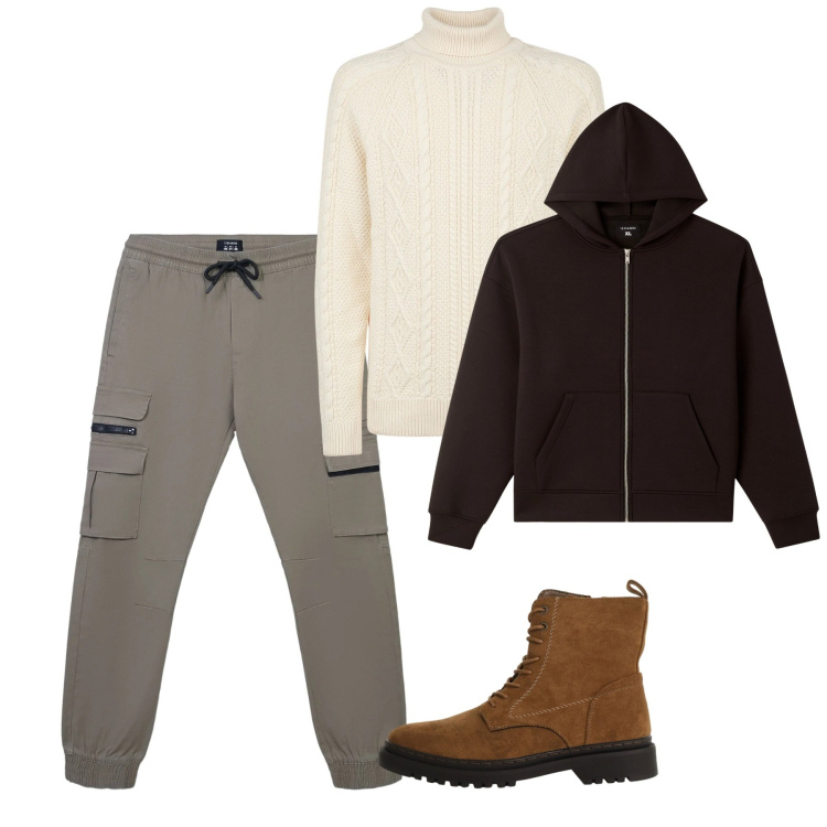 Outfit uomo - Tessuti che scaldano. Stile Urban per Tutti i giorni. Abbinamento con pantaloni cargo, felpe con cappuccio, anfibi, maglieria.