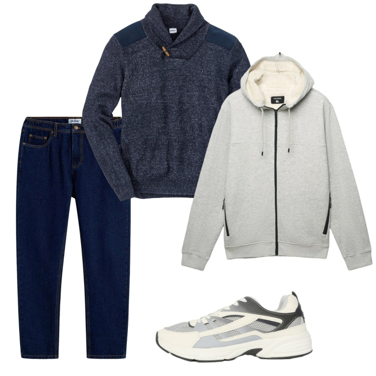 Outfit uomo - Febbraio. Stile Casual per Tutti i giorni. Abbinamento con maglieria, jeans dritti, felpe con cappuccio, sneakers.