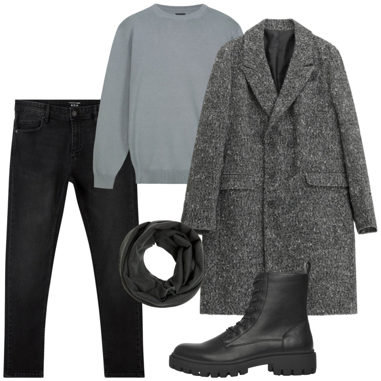 Outfit uomo - Martedì pomeriggio. Stile Casual per Tutti i giorni. Abbinamento con cappotti, sciarpe, jeans skinny, anfibi, maglieria.