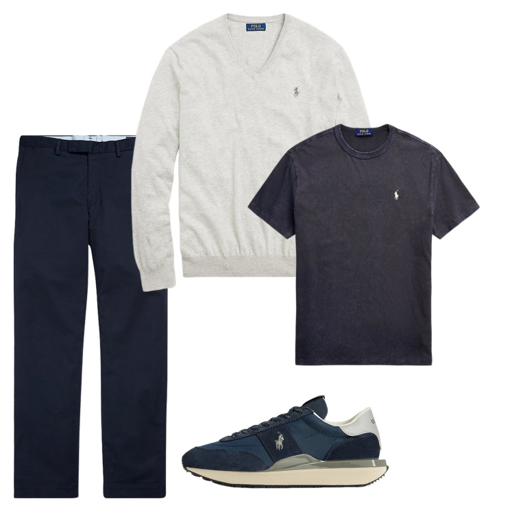 Outfit uomo - Febbraio. Stile Casual per Tutti i giorni. Abbinamento con maglieria, t-shirt, pantaloni chino, sneakers.