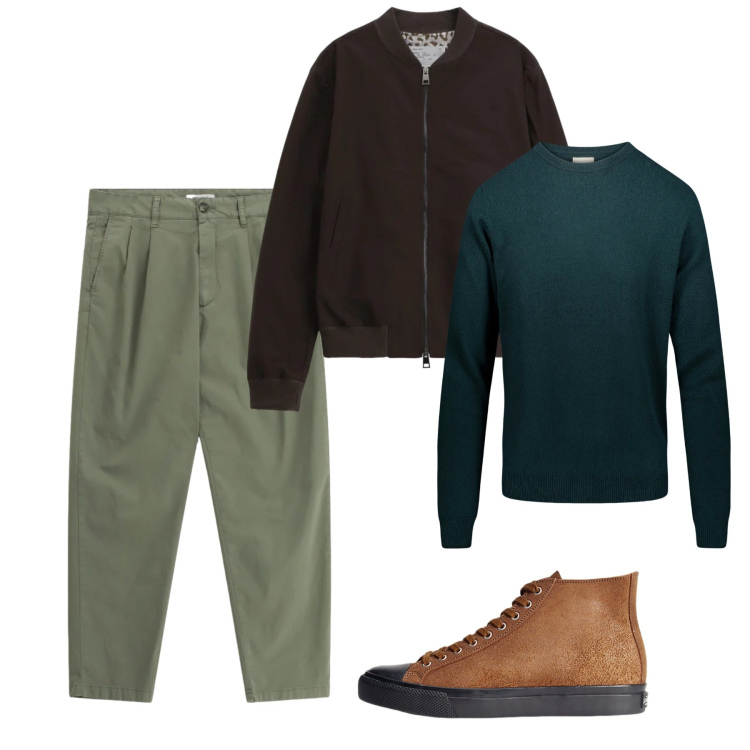 Outfit uomo - Giovedì in centro. Stile Casual per Tutti i giorni. Abbinamento con bomber, pantaloni, sneakers, maglieria.
