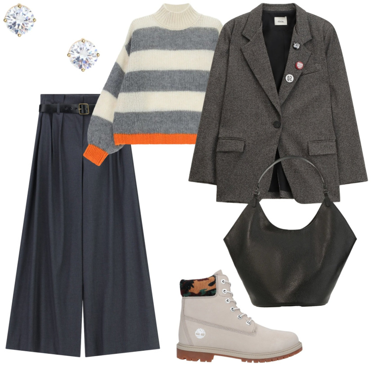Outfit donna - Dixe. per Tutti i giorni. Abbinamento con stivaletti, blazer, borse a spalla, pantaloni a palazzo, maglieria, orecchini.