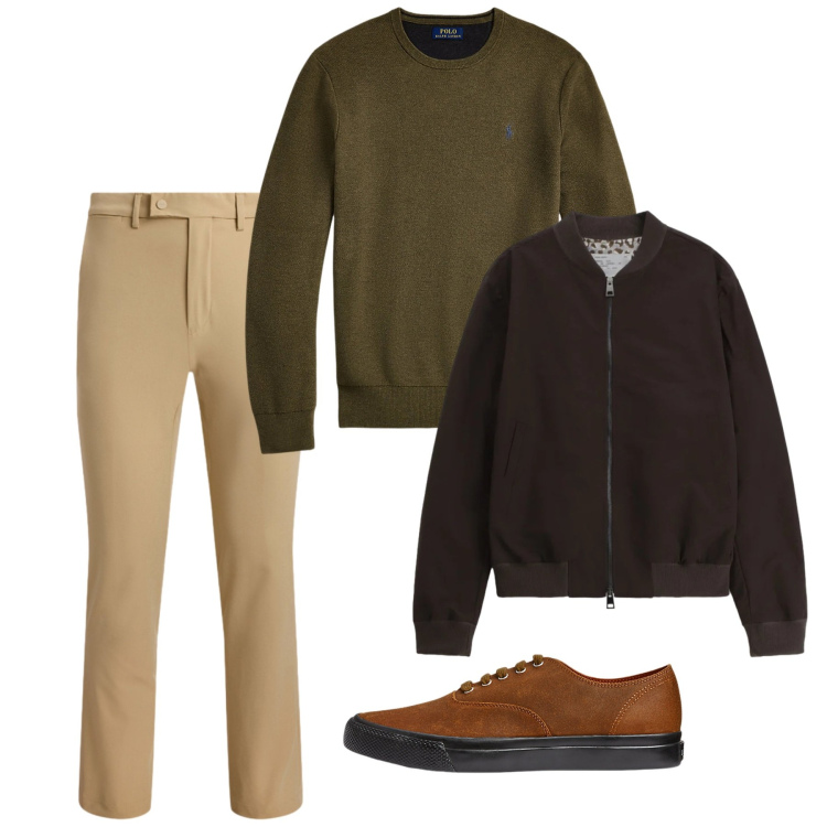 Outfit uomo - Verso primavera. Stile Casual per Tutti i giorni. Abbinamento con bomber, sneakers, maglieria, pantaloni.