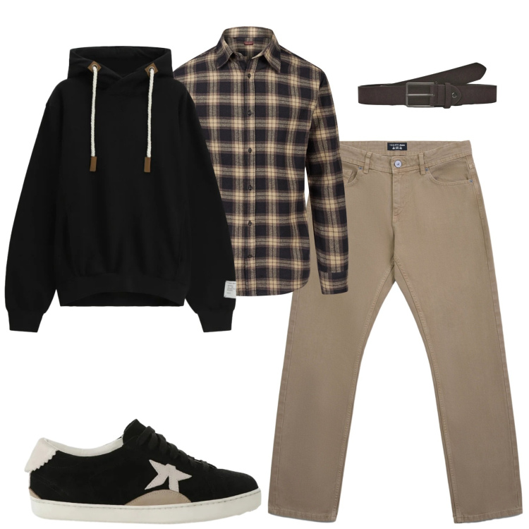 Outfit uomo - Febbraio. Stile Urban per Tutti i giorni. Abbinamento con felpe con cappuccio, sneakers, cinture, jeans, camicie.