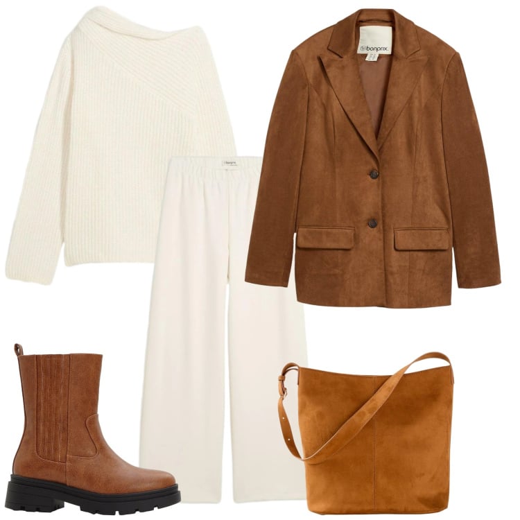 Outfit donna - Aspettando la primavera. Stile Casual chic per Tutti i giorni. Abbinamento con maglieria, pantaloni, blazer, stivaletti chelsea, borse a mano.