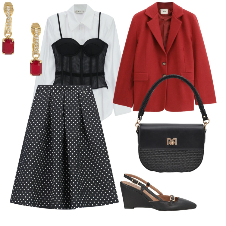 Outfit donna - Rosso febbraio. per Serata fuori. Abbinamento con décolleté, gonne longuette, blazer, camicie, borse a spalla, orecchini.