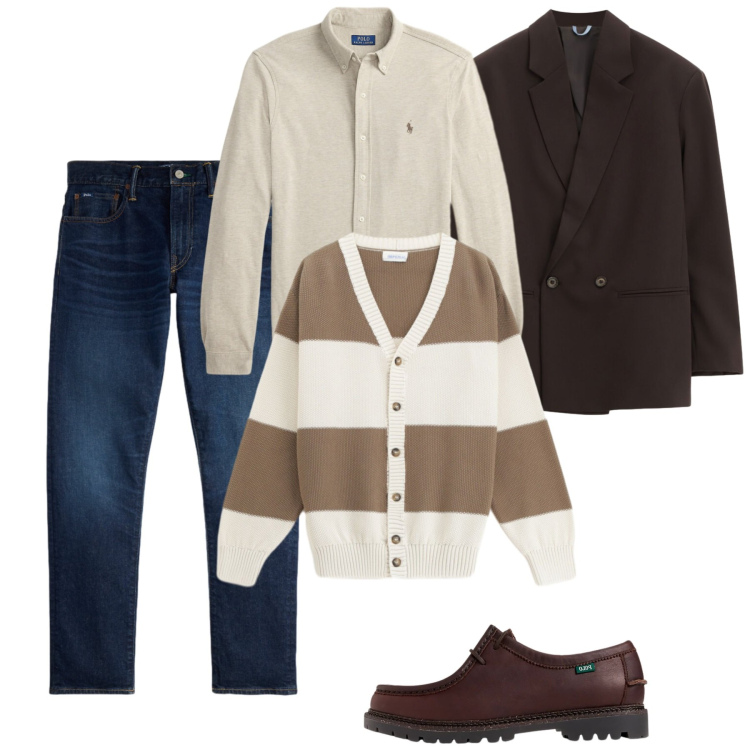 Outfit uomo - Casual in doppiopetto. Stile Casual per Tutti i giorni. Abbinamento con giacche, cardigans, scarpe stringate, jeans, camicie.