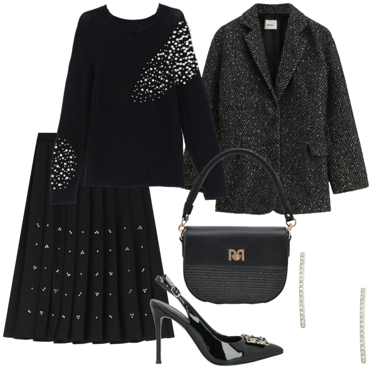 Outfit donna - By night. per Serata fuori. Abbinamento con décolleté, maglieria, gonne longuette, cappotti, borse a spalla, orecchini.