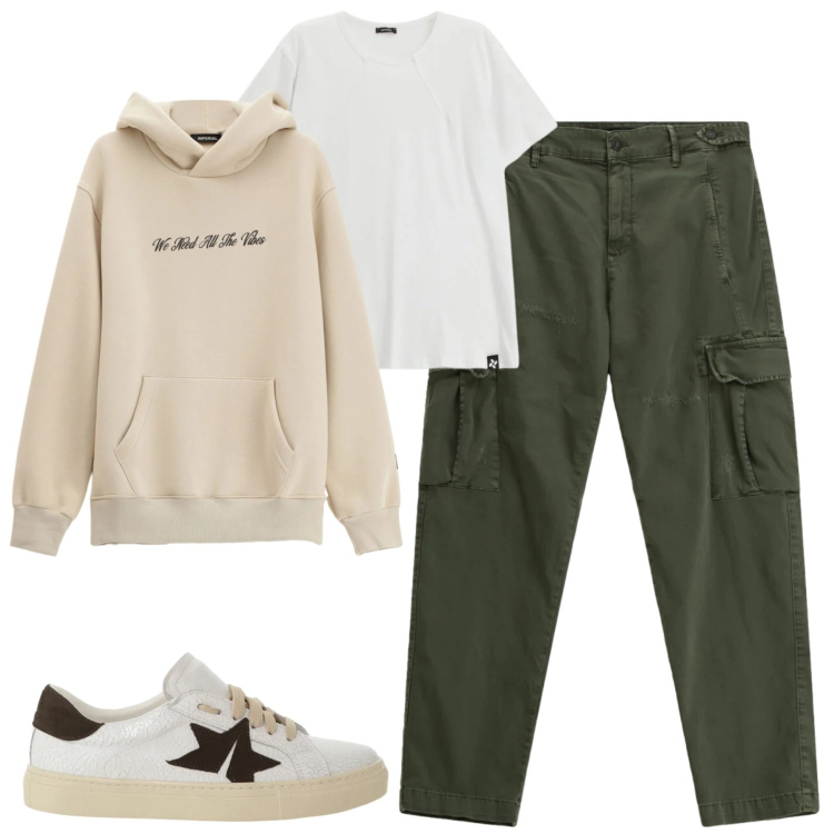 Outfit uomo - Febbraio. Stile Casual per Tutti i giorni. Abbinamento con pantaloni cargo, t-shirt, sneakers, felpe con cappuccio.