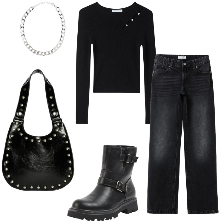 Outfit donna - Total look #2341744. Stile Urban per Tutti i giorni. Abbinamento con maglieria, stivaletti, collane, jeans, borse a spalla.