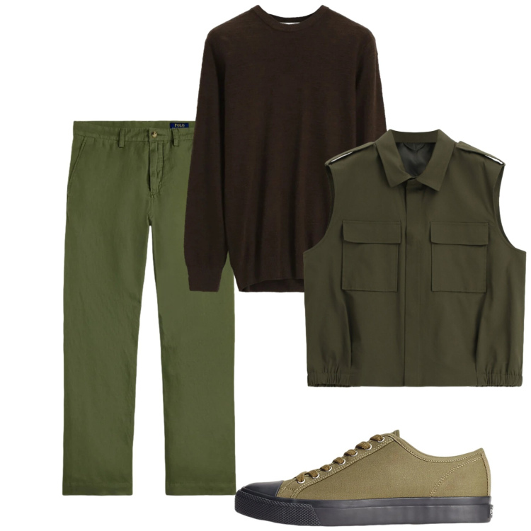 Outfit uomo - I primi verdi. Stile Casual per Tutti i giorni. Abbinamento con maglieria, gilet, sneakers, pantaloni.