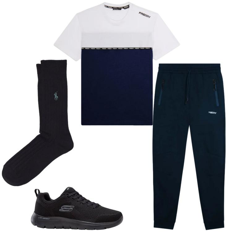 Outfit uomo - Total look #2341746. Stile Urban per Sport. Abbinamento con sneakers, pantaloni, t-shirt, calzini.
