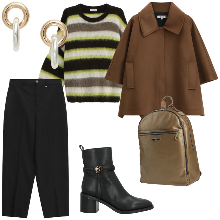 Outfit donna - Inverno. per Scuola/Università. Abbinamento con zaini, stivaletti, maglieria, pantaloni, cappotti, orecchini.