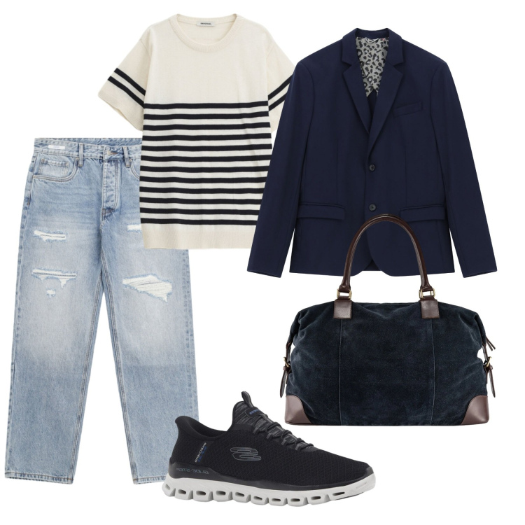 Outfit uomo - Un fuori porta. per Mare. Abbinamento con sneakers, giacche, jeans strappati, maglieria, borse sportive.