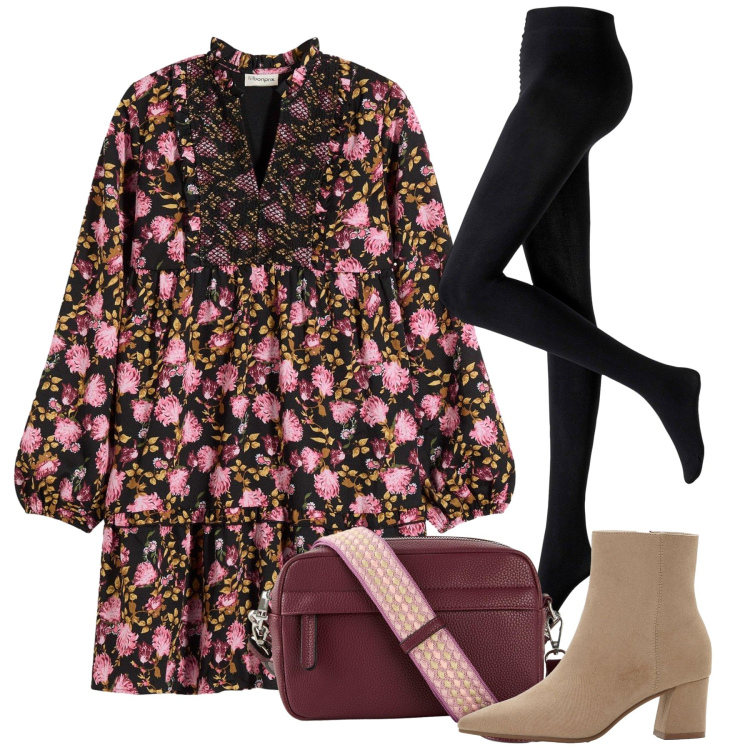 Outfit donna - bonprix - Aspettando la primavera. Stile Romantica per Tutti i giorni. Abbinamento con vestiti corti, borse a tracolla, collant, stivaletti.