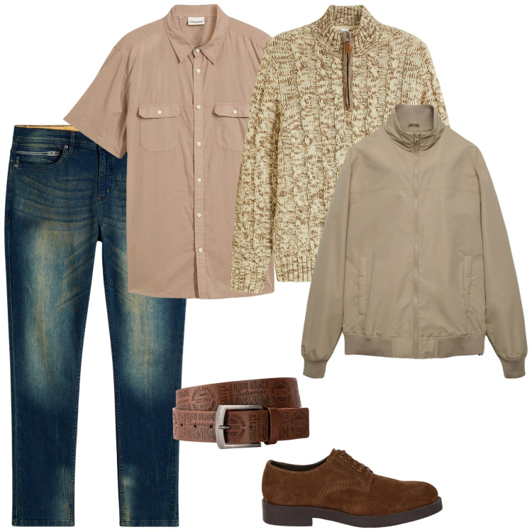 Outfit uomo - In città. per Tutti i giorni. Abbinamento con maglieria, jeans slim fit, cinture, camicie a manica corta, bomber, scarpe stringate.