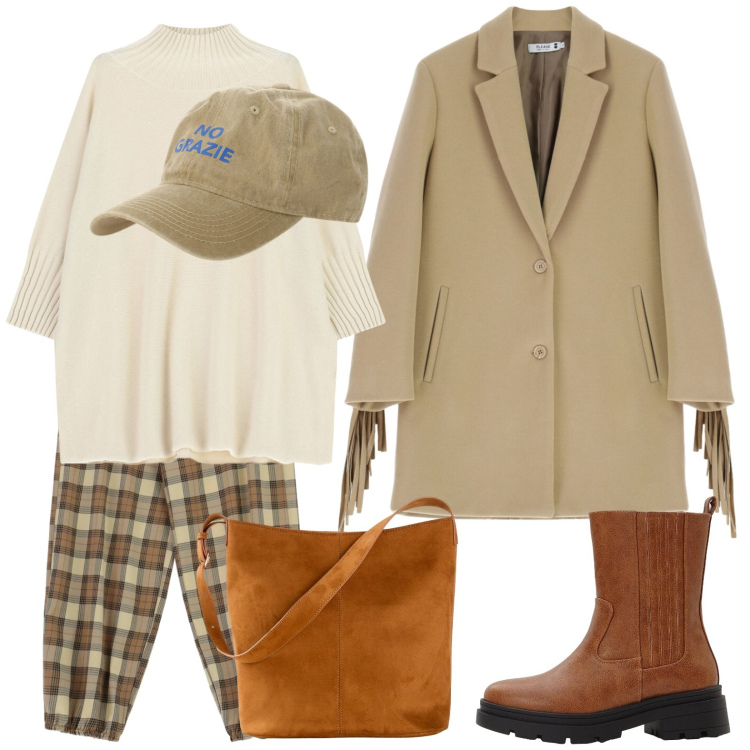 Outfit donna - Cappello con scritta. Stile Urban per Tutti i giorni. Abbinamento con stivaletti chelsea, borse a mano, maglieria, pantaloni a palazzo, cappelli con visiera, cappotti.