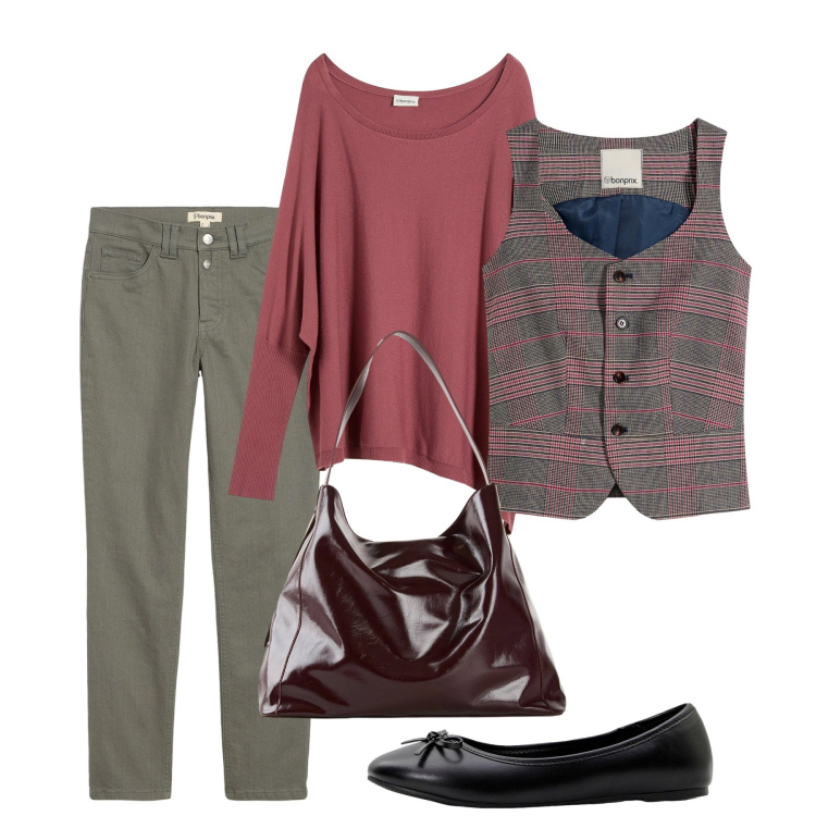 Outfit donna - bonprix - Aspettando la primavera. Stile Bon Ton per Tutti i giorni. Abbinamento con maglieria, gilet, pantaloni, shopping bag, ballerine.