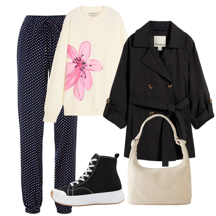 Outfit donna - bonprix - Aspettando la primavera. Stile Urban per Tutti i giorni. Abbinamento con trench, pantaloni, felpe, sneakers alte, shopping bag.