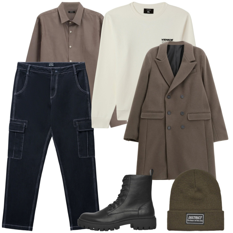 Outfit uomo - Febbraio. per Tutti i giorni. Abbinamento con berretti, felpe, anfibi, pantaloni cargo, cappotti, camicie.