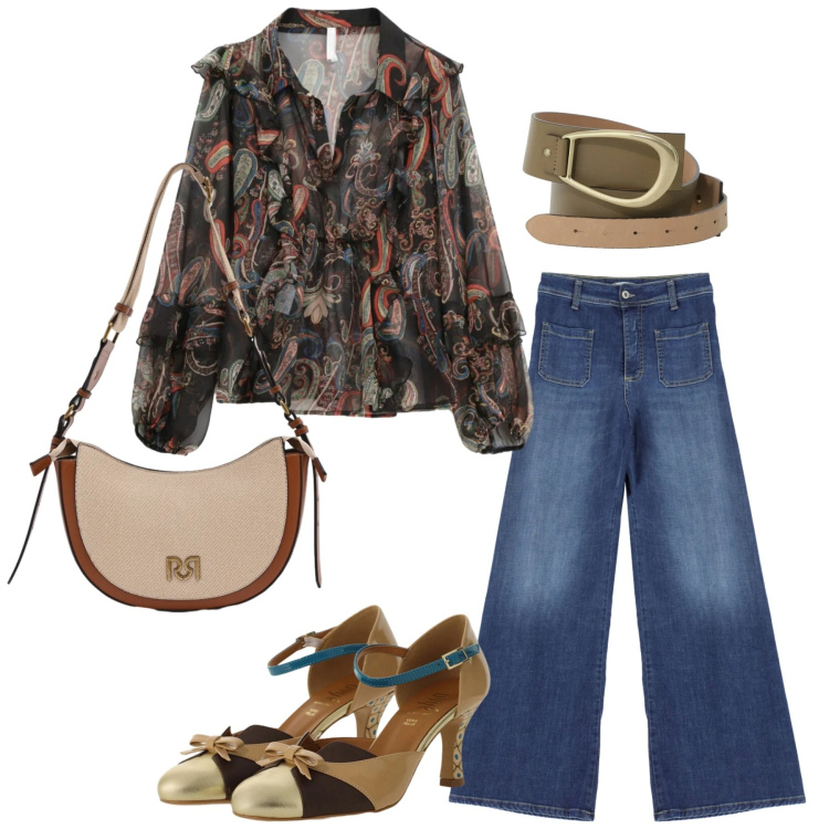 Outfit donna - Total look #2341766. Stile Casual chic per Ufficio. Abbinamento con camicie, cinture, décolleté, jeans, borse a tracolla.