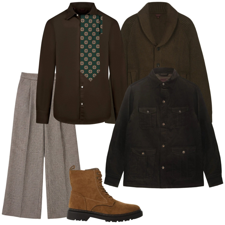 Outfit uomo - In ufficio comodo. per Ufficio. Abbinamento con anfibi, pantaloni a palazzo, camicie, cravatte, cappotti, cardigans.