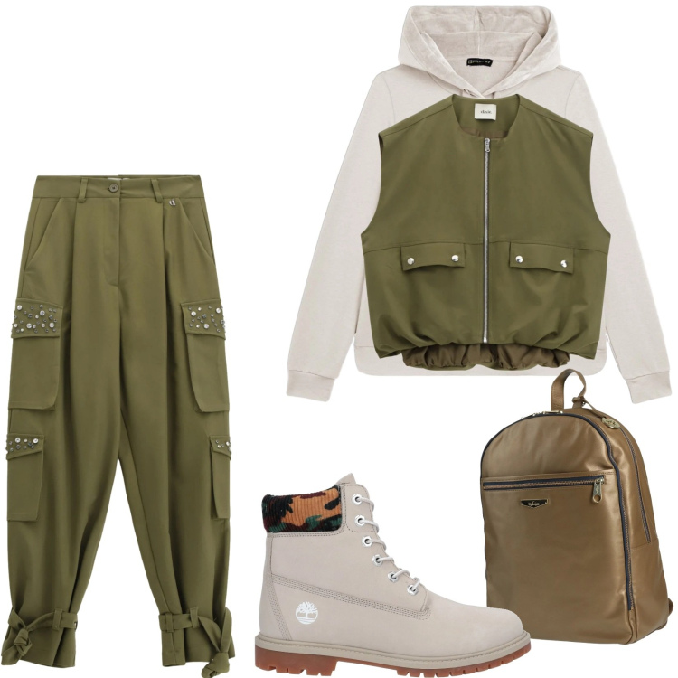 Outfit donna - Total look #2341770. Stile Urban per Tutti i giorni. Abbinamento con stivaletti, zaini, pantaloni cargo, gilet, felpe con cappuccio.