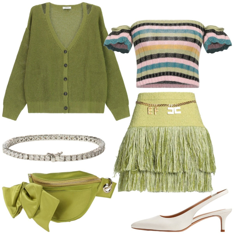 Outfit donna - Soft green. Stile Chic per Tutti i giorni. Abbinamento con top, marsupi, minigonne, cardigans, décolleté, braccialetti.